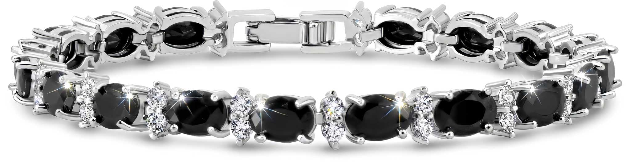 KEZEF Tennis Bracelets For Women - Cubic Zirconia - Oval 7x5mm Black Gemstones - Round 2.50mm White CZ - Silver Plated Brass - 7 Inch - Hypoallergenic Bracelets
