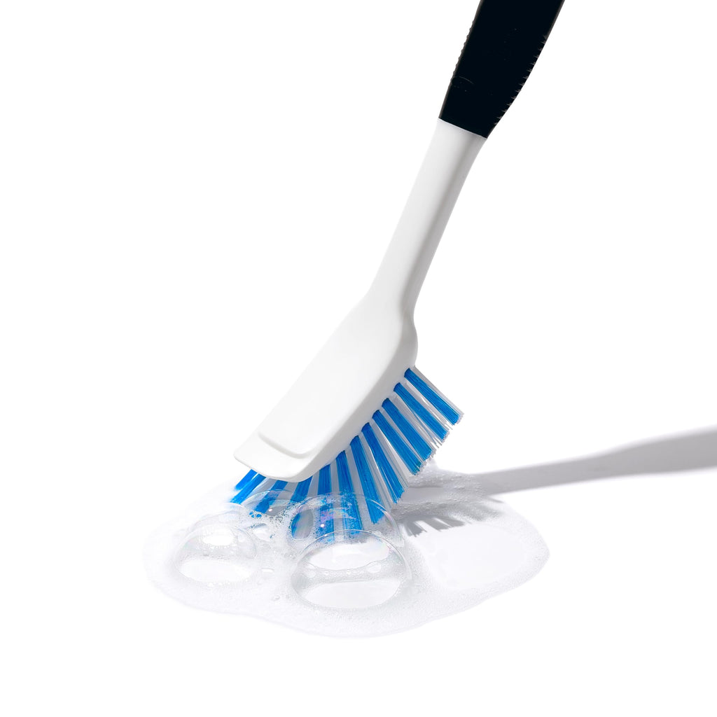 OXO Good Grips Dish Brush, Nylon Bristles with Built-in Scraper, Safe for Non-Stick Cookware, Non-Slip Handle, Dishwasher Safe