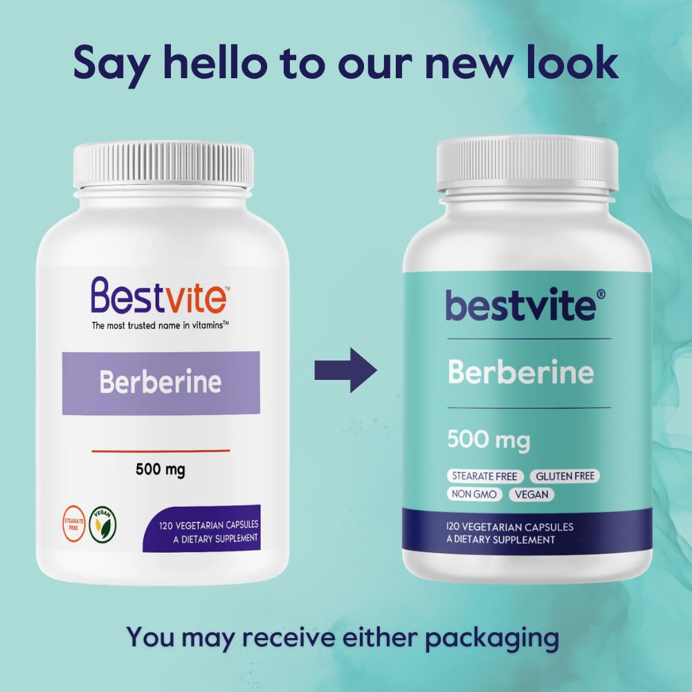 BESTVITE Berberine 500mg Per Capsule (120 Vegetarian Capsules) - No Fillers - No Stearates - No Flow Agents - Vegan - Gluten Free - Non GMO