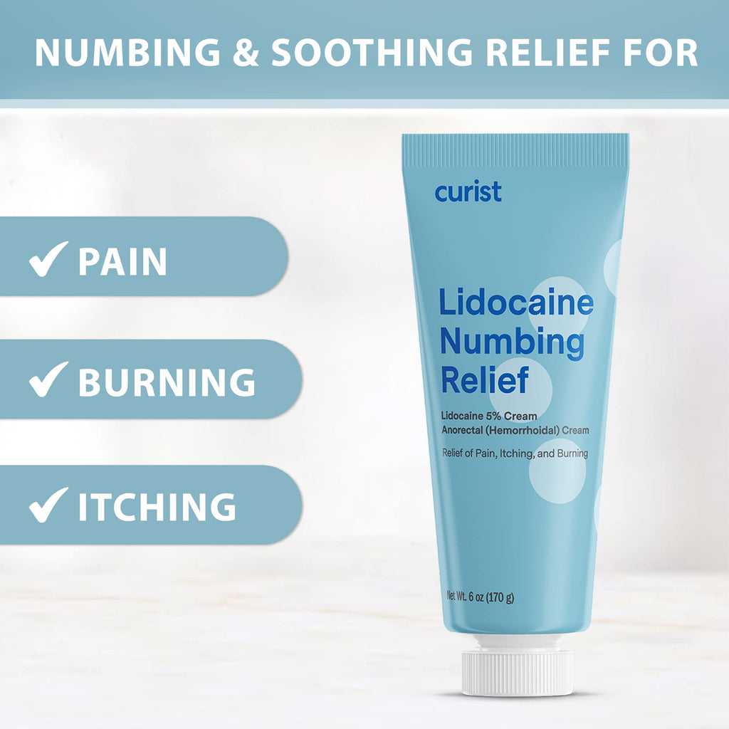 Curist 5% Lidocaine Numbing Cream - 6 oz (170 g) XL Tube - Soothing Numbing Cream for Temporary Discomfort, Itching, and Burning from Hemorrhoids Lidocaine 5% (1 Pack - 6 oz Tube)