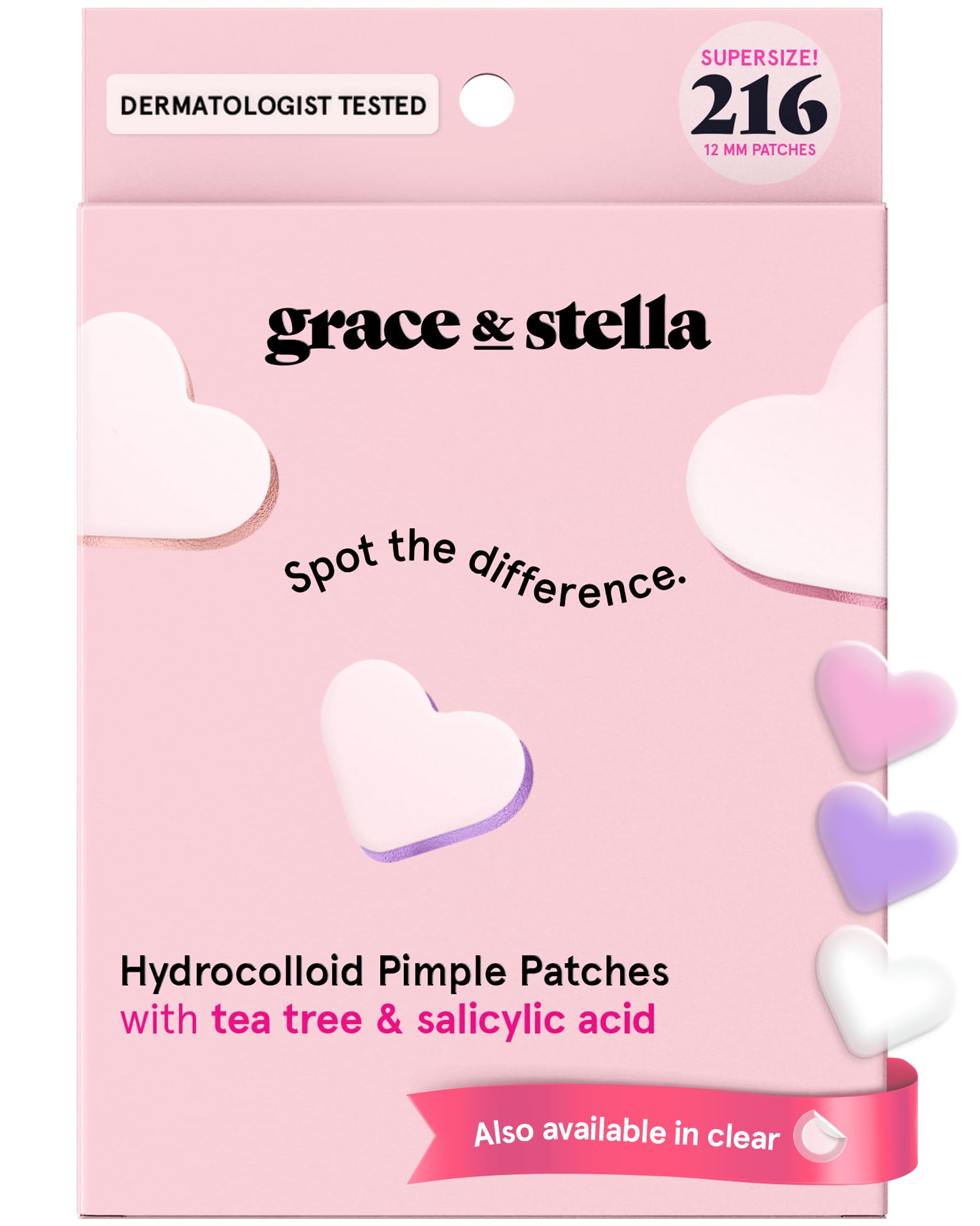 grace & stella Award Winning Pimple Patches for Face - Dermatologist Tested Acne Patches - Hydrocolloid Patch for Breakouts, Whiteheads - Vegan Acne Spot Treatment for Face (Hearts, 216 Pack)
