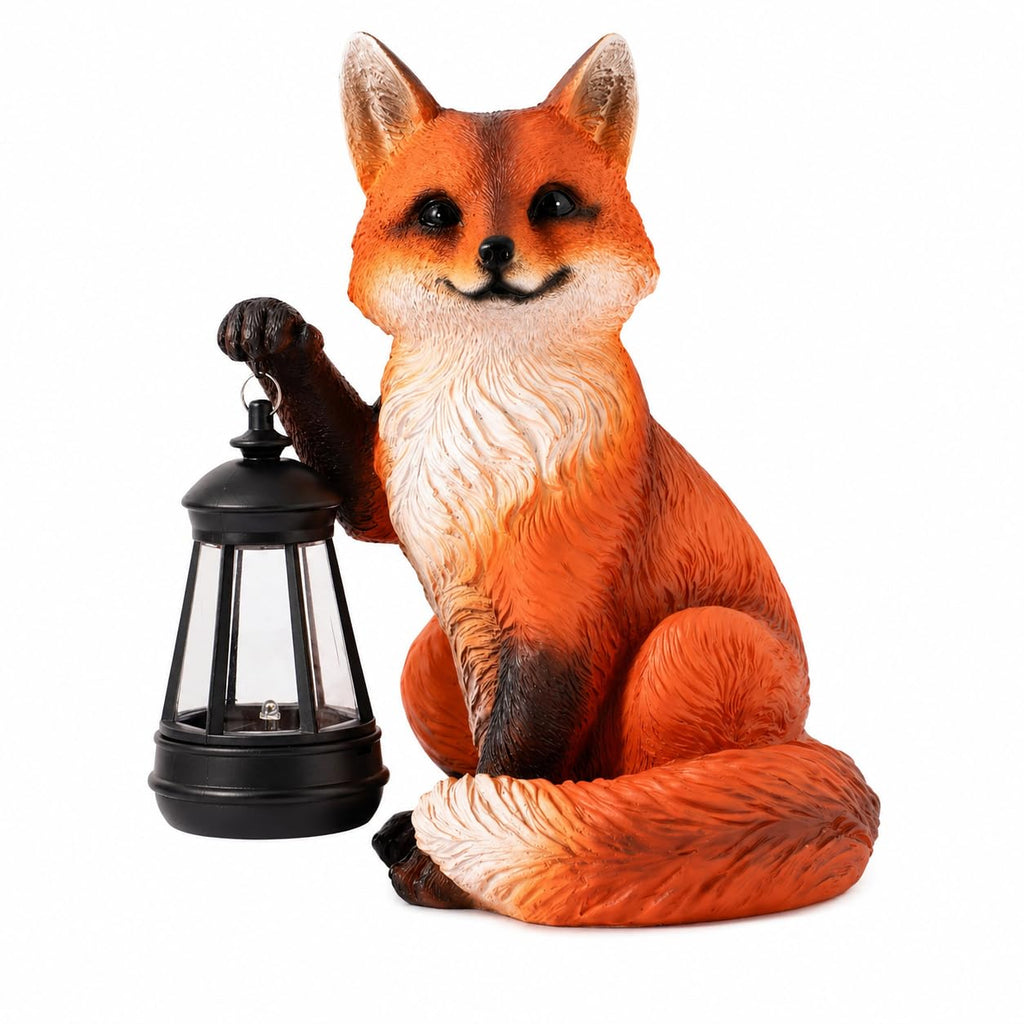 Solar Fox Garden Statue with Lantern, Woodland Fox Outdoor Decor, 9 inch