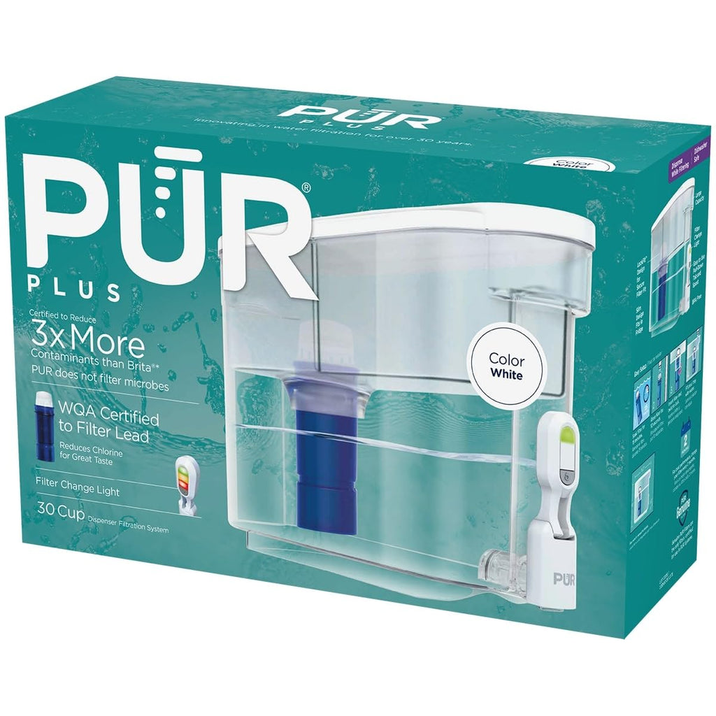PUR PLUS 30-Cup Water Filter Dispenser with 1 Lead-Reducing PUR PLUS Filter, Dishwasher Safe, Powerful Filtration, Large Capacity with Slim, Space-Saving Design, White (DS1811Z)