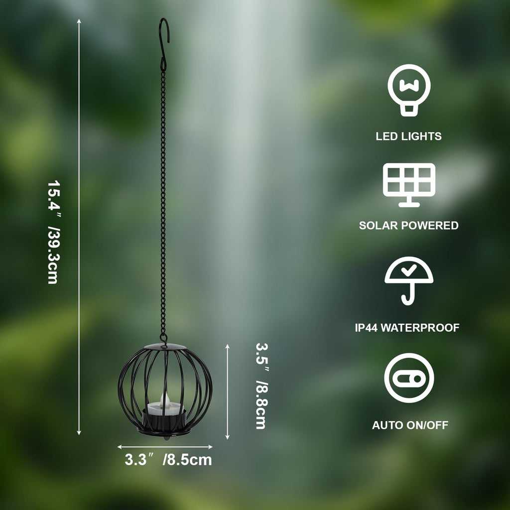 Edenseelake Solar Hanging Lanterns Outdoor Waterproof, Metal Ball Candle Holder with Flickering Solar Powered, Chargeable Solar Lights for Backyard Patio Garden Fence Tree Decoration, 4 Pack