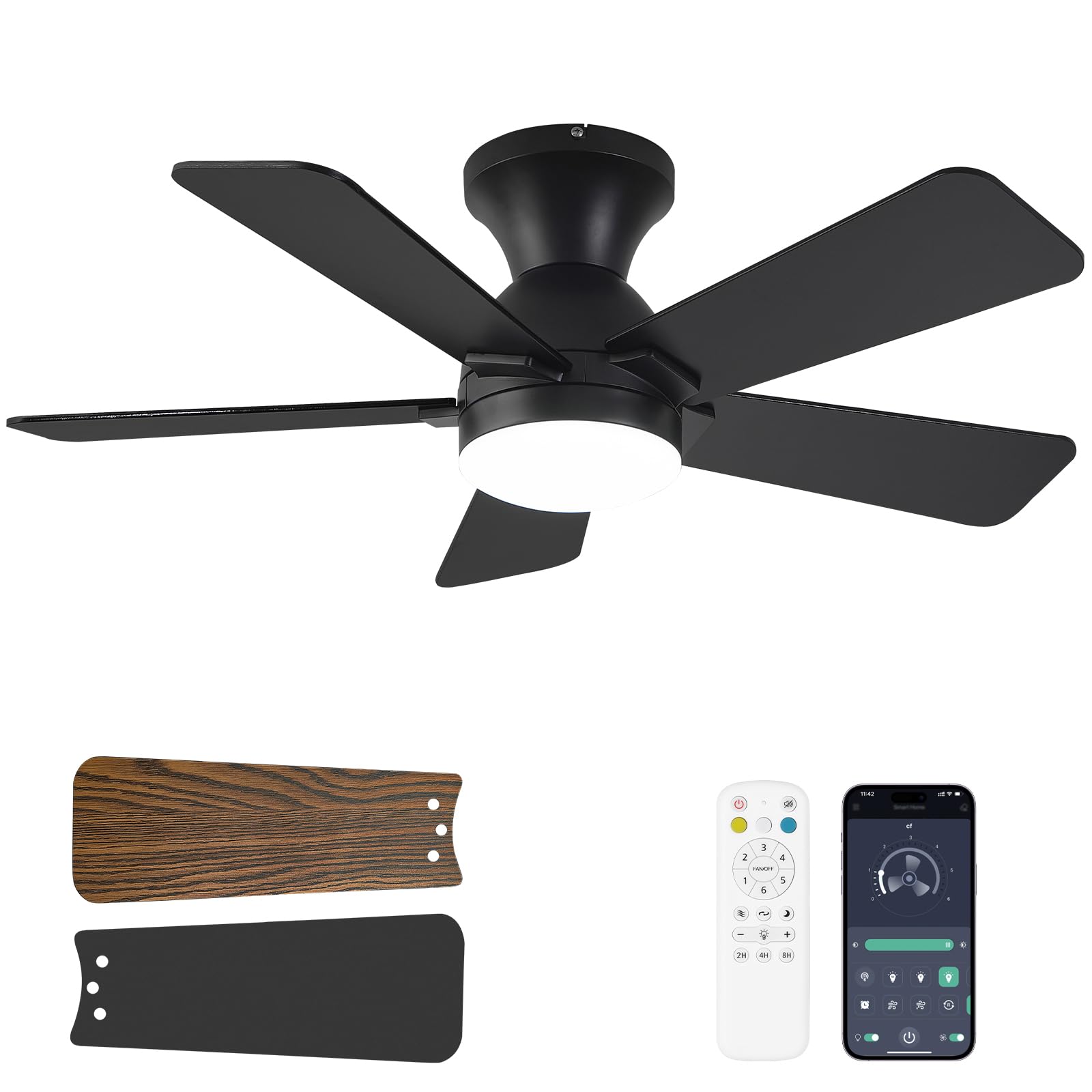Dolavast Ceiling Fans with Lights, 36 Inch Low Profile Ceiling Fan with Light and Remote Control, Flush Mount, Reversible, 3CCT, Dimmable LED, Quiet, Black Ceiling Fan for Bedroom, Kitchen, Office