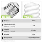 Barfelty CFL Light Bulbs E26 Base, T2 Spiral 13Watt (60Watt Equivalent) Soft White 2700K 900lm Compact Fluorescent Light Bulbs, UL Approved, 120v 60Hz, Self Ballasted CFL Bulbs, Pack of 12