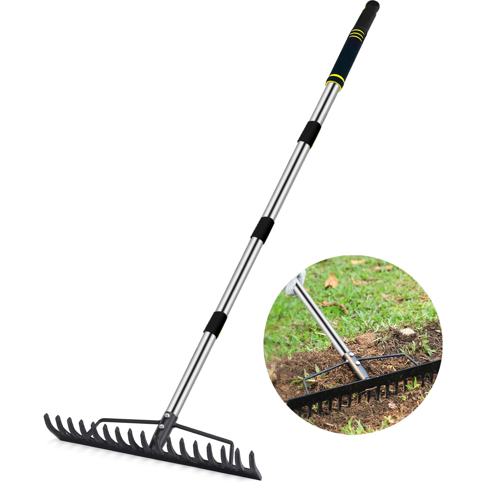 Heavy Duty Bow Rake for Lawns, 17 Tine Metal Rake Level Soil 5.58FT