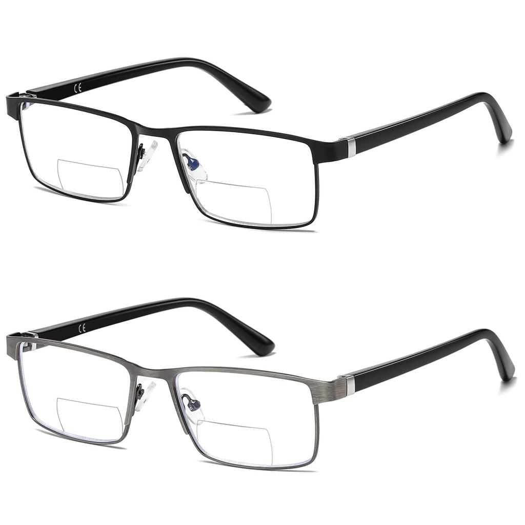 LKEYE Bifocal Reading Glasses Men Progressive Blue Light Blocking Computer Readers No Line Wide Metal Frame Designer Cheaters Transition Square Stylish Fashion Eyewear LK6013 +2.00 Strength