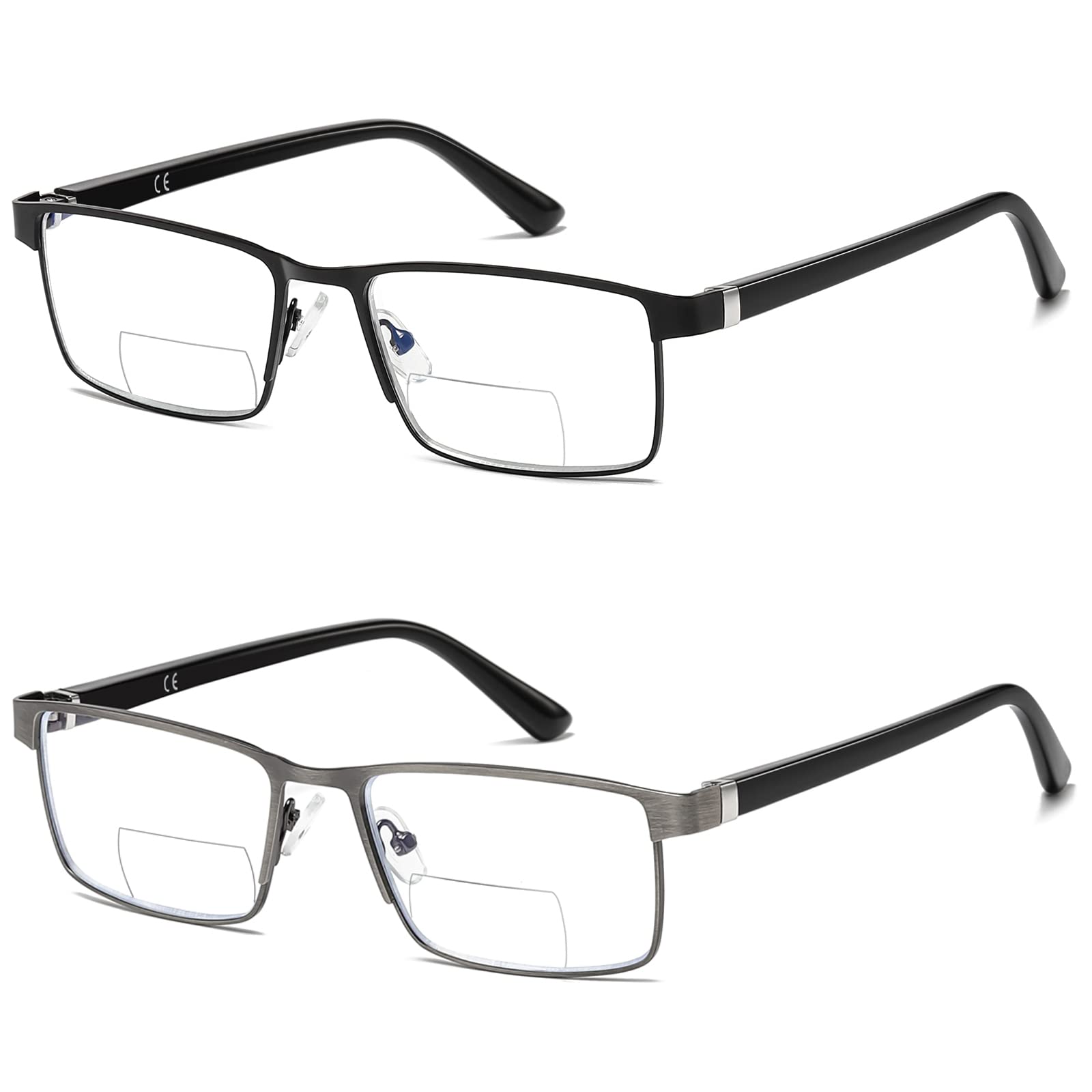 LKEYE Bifocal Reading Glasses Men Progressive Blue Light Blocking Computer Readers No Line Wide Metal Frame Designer Cheaters Transition Square Stylish Fashion Eyewear LK6013 +2.00 Strength
