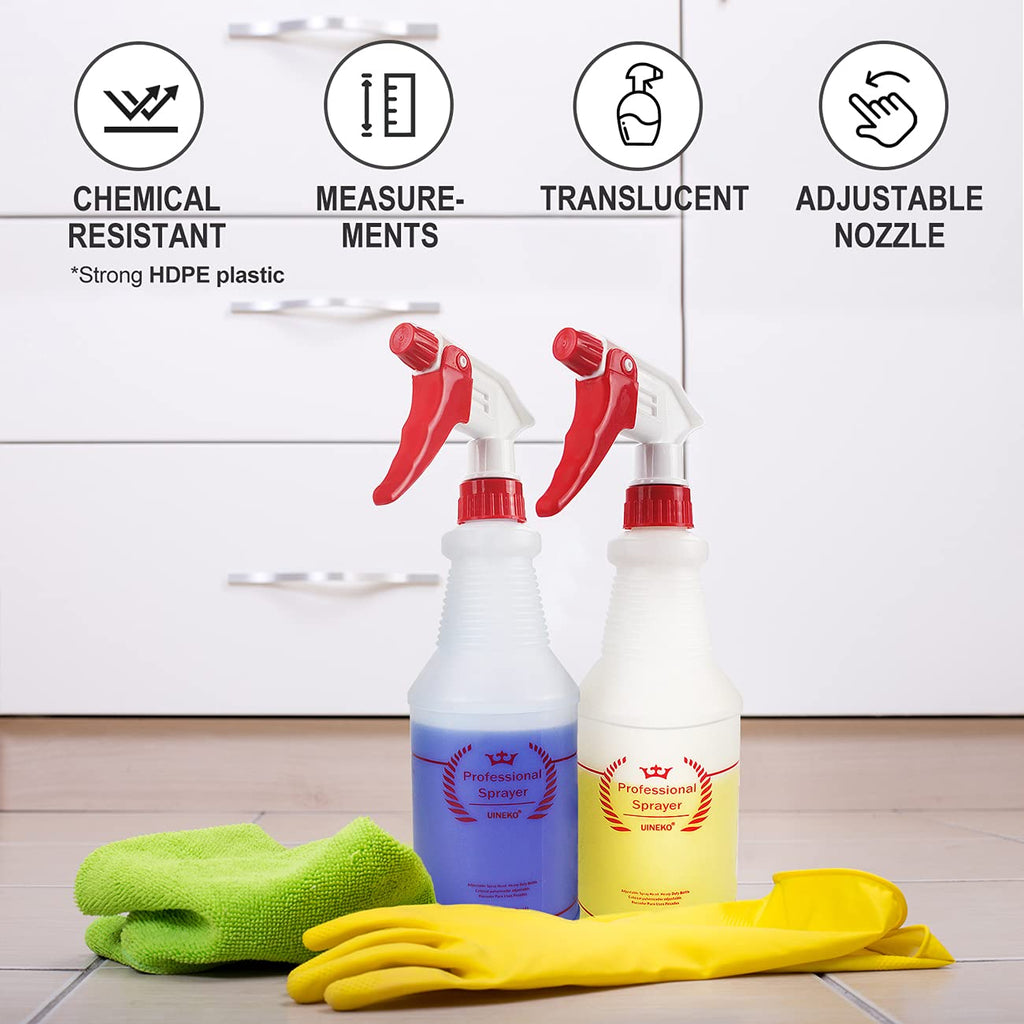 Uineko Empty Spray Bottles, Heavy Duty Sprayer, Mist & Stream, 4 Pack 24 Oz