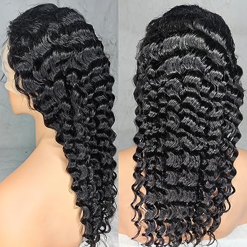 28Inch Deep Wave Lace Front Wigs Human Hair-13x4 HD Transparent Deep Wave Frontal Wigs Glueless Curly Wigs for Women 180% Density Curly Lace Front Wigs Human Hair Pre Plucked with Baby Hair