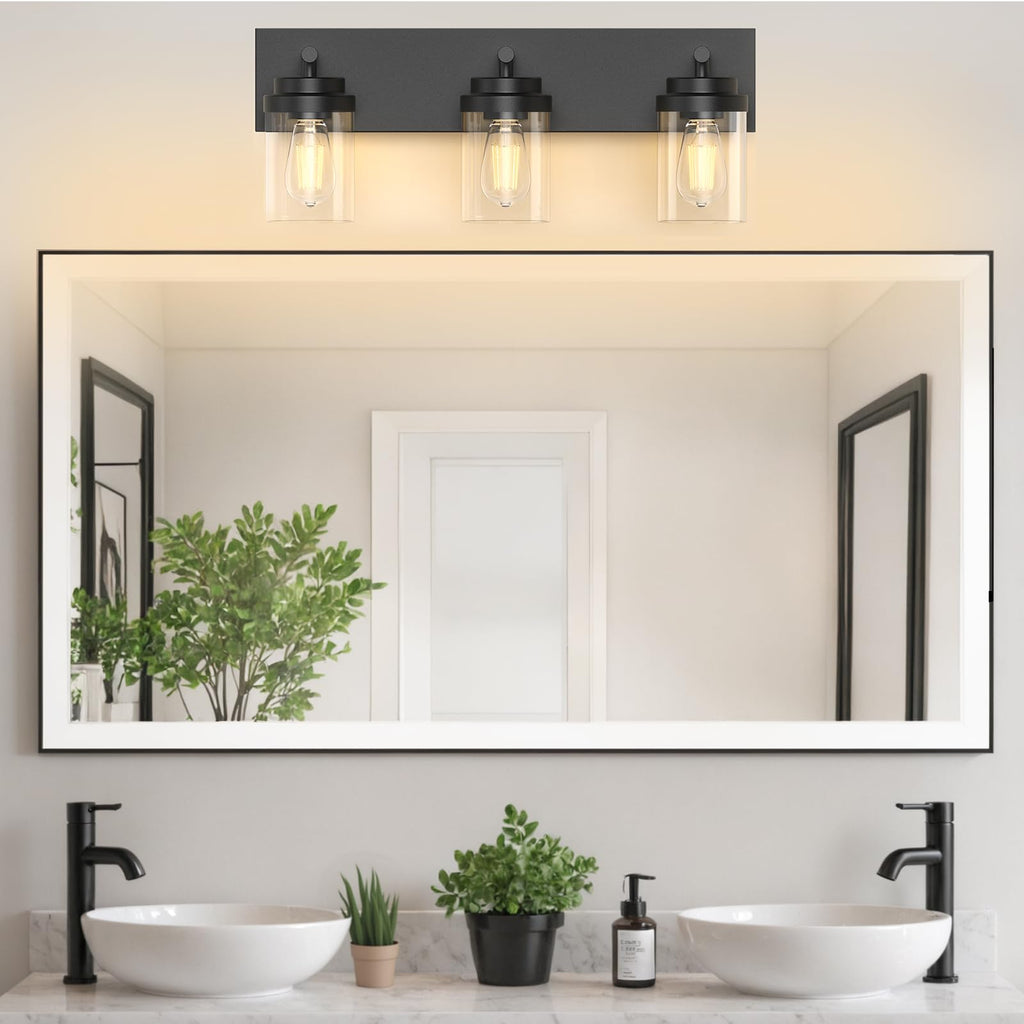 IZORRO Bathroom Vanity Light Fixture, 3-Light 22 Inch Matte Black Bathroom Light Fixtures Over Mirror, with Clear Glass Shade, Modern Farmhouse Vanity Lights, Rustic Restroom Lighting Fixtures