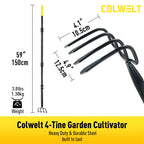 Colwelt 4 Tines Garden Cultivator Rake 59'', Hand Tiller Garden Tool with Sharp Forged Steel Head, 4 Tine Cultivators for Gardening with Long Handle, 4 Prong Rake for Digging Loosening Weeding