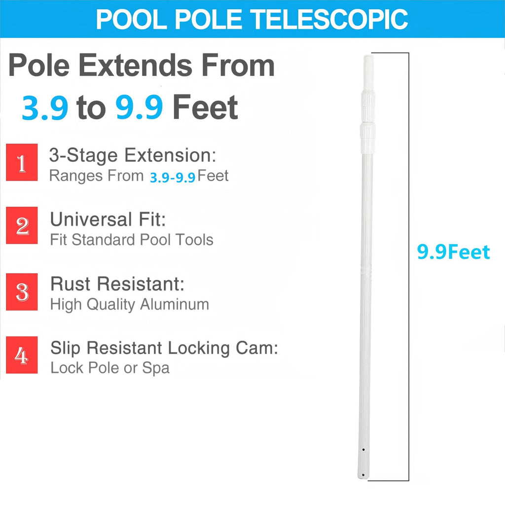 JSPJSP Pool Pole- Professional 9-Foot Telescopic Pool Cleaning Rod,Pool Rod Adjustable Telescopic Rod, Used for Cleaning Nets, Brushes, Vacuum Heads (9-feet)