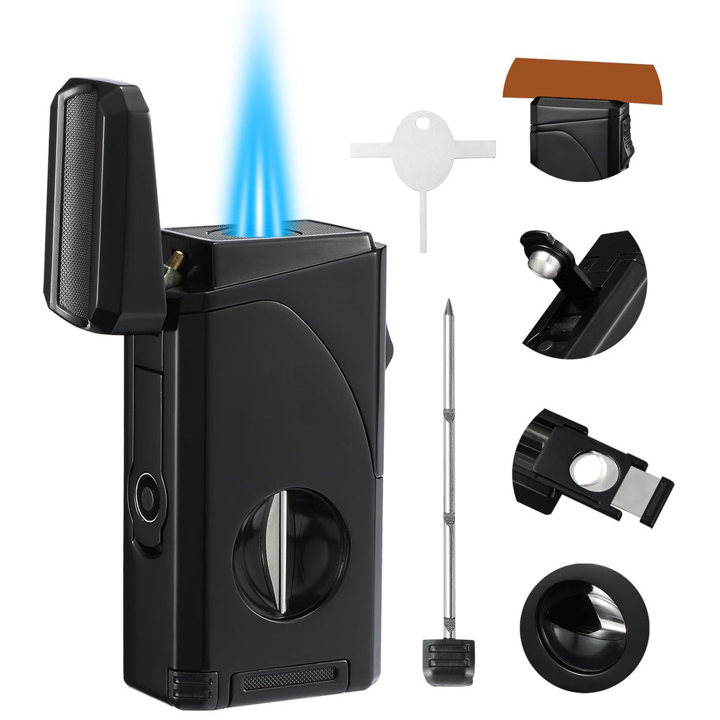 All in One Triple Jet Flame Butane Torch Lighter Built-in Cutter, Cutter V Cut, Punch, Holder Function, Draw Enhancer Tool, Refillable and Adjustable Windproof Lighter. Black(Sold Without Gas)