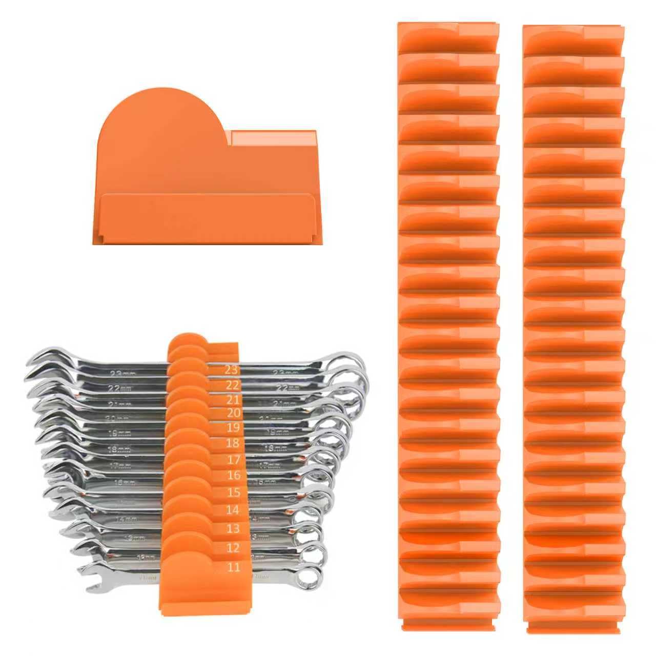 Mudygelay 52 pcs Modular Wrench Organizers for Tool Drawers - Wrench Rack with Metric&SAE Labels, Perfect Tool Storage Holder. Gift for Father and Boyfriend (Orange)