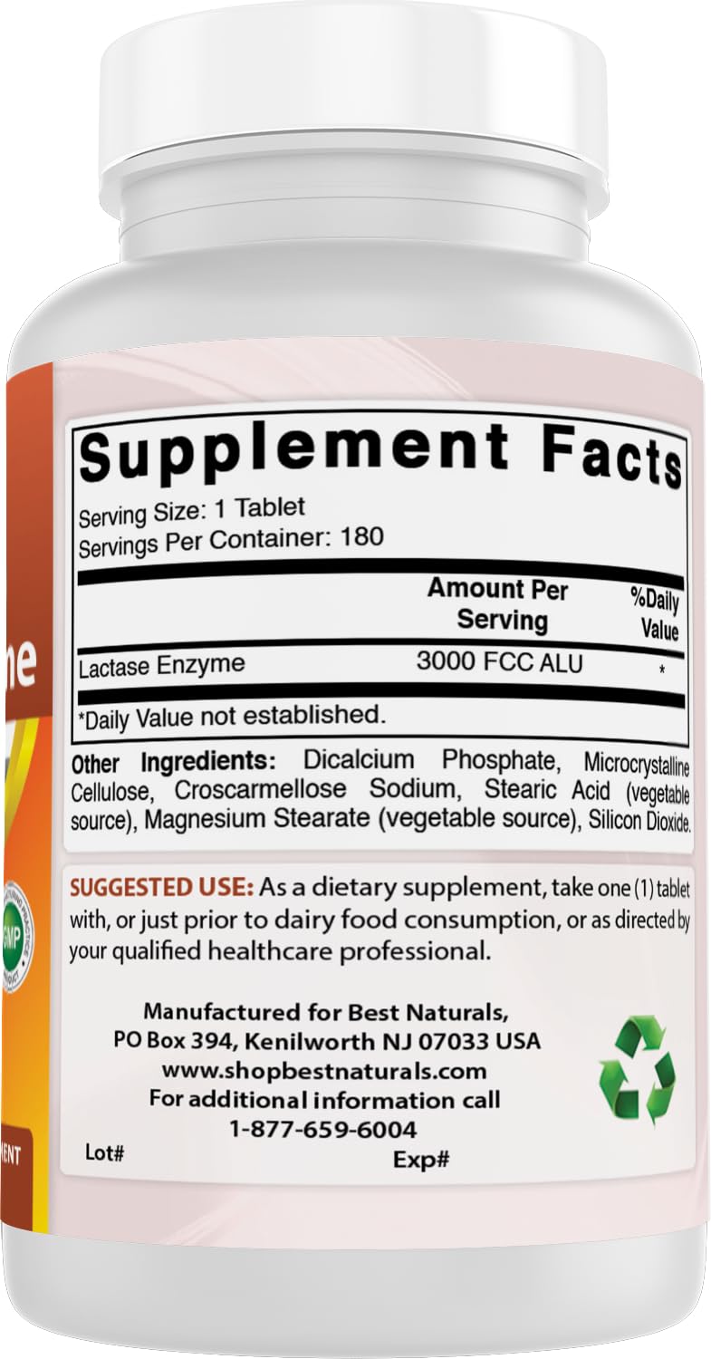 Best Naturals, Fast Acting Lactase Enzyme, 3000 FCC ALU, 180 Tablets (180 Count (Pack of 3))