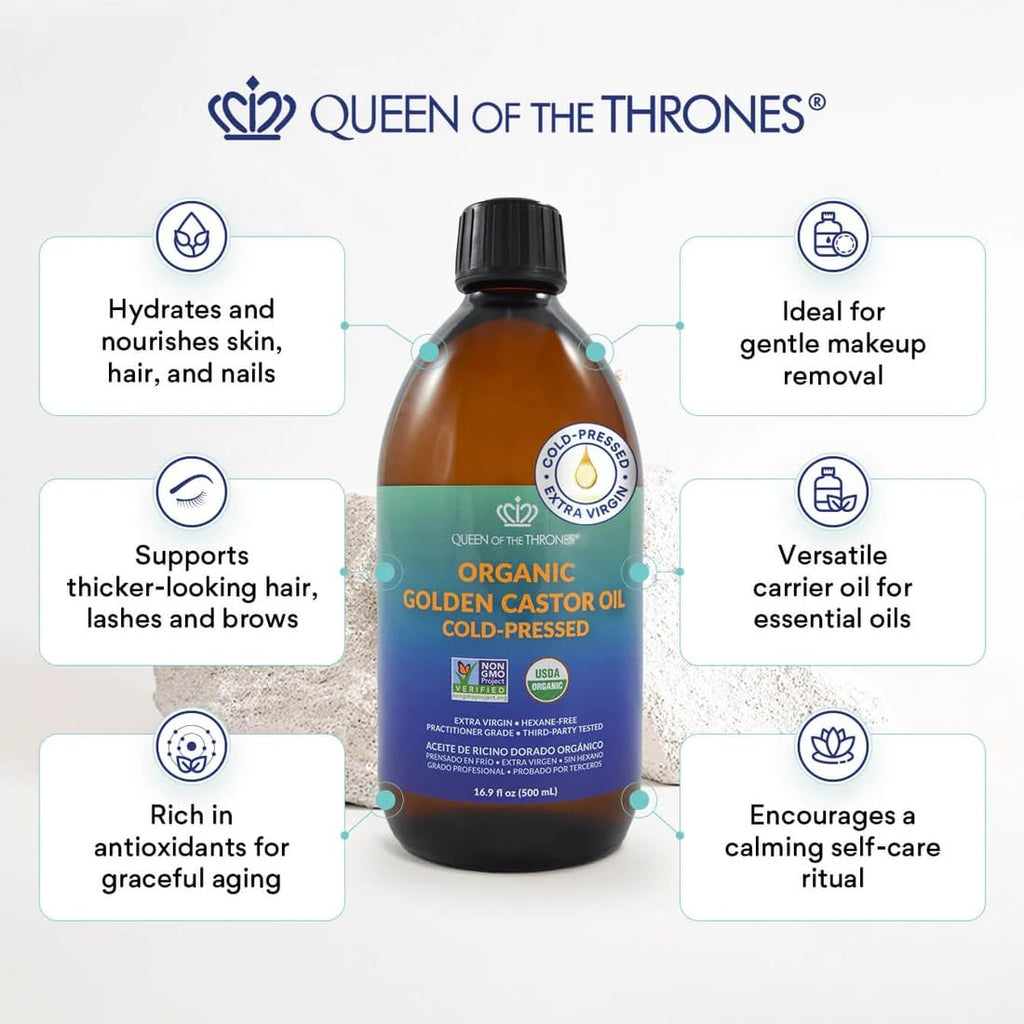 QUEEN OF THE THRONES Organic Golden Castor Oil, 16.9 oz, 500 ml