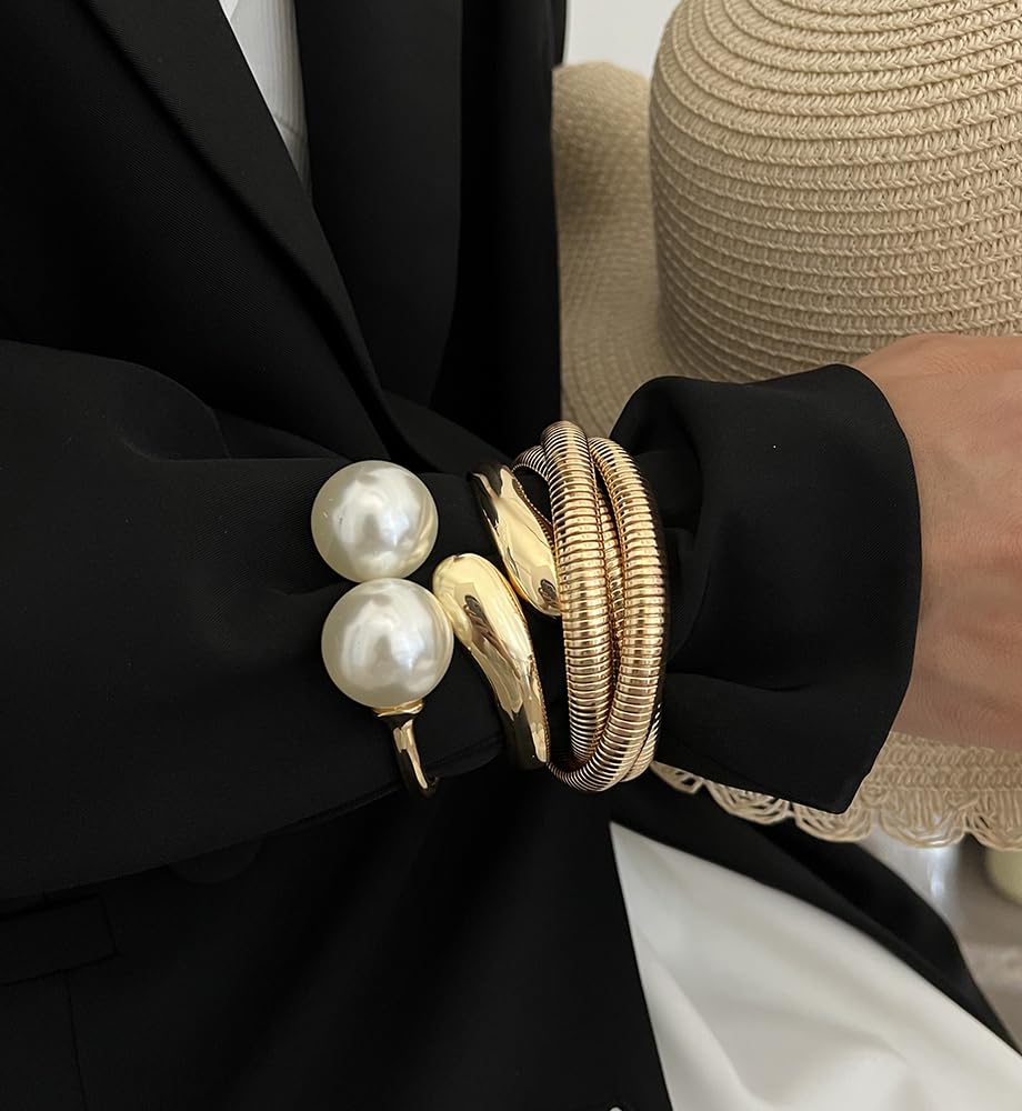 Chunky Gold Bangle Bracelets for Women, Dainty 14k Gold Plated Big Pearl Bangles Set, Trendy Statement Cuff Bracelet Stack Fashion Jewelry Gifts Summer Vacation Outfits