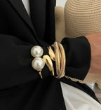 Chunky Gold Bangle Bracelets for Women, Dainty 14k Gold Plated Big Pearl Bangles Set, Trendy Statement Cuff Bracelet Stack Fashion Jewelry Gifts Summer Vacation Outfits
