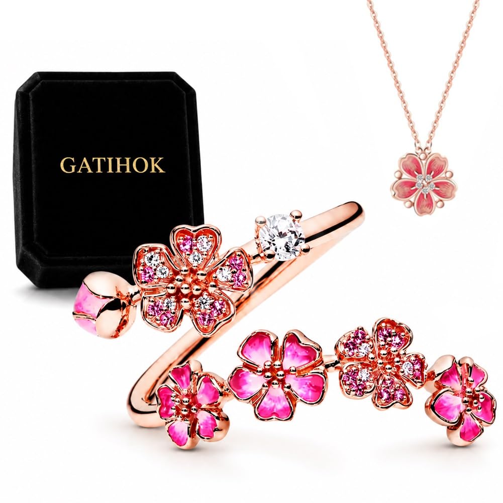 GATIHOK Peach Blossom Ring, Pink Flower Rings for Women Gemstone Everyday Trendy Bridal Bridesmaid Adjustable Metal Ring Hand Flower for Wedding Silver Minimalist Bloom Petal Rings Vacation