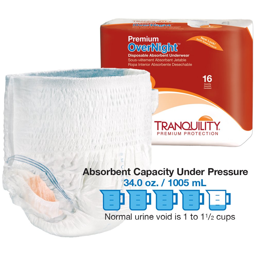 Tranquility Premium OverNight Disposable Absorbent Underwear (64 Count) - L, 44-54 in. Waist - Maximum Absorbency, All-Night Sleep, Breathable Comfort, 64 Adult Diapers