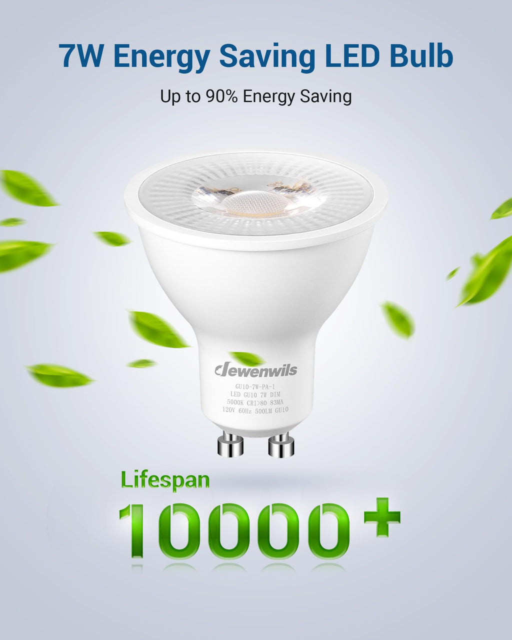 DEWENWILS 10-Pack GU10 LED Bulb Dimmable, 5000K Daylight GU10 Bulb Replacement for Track Lighting, 500LM, 7W(50W Equivalent) LED Light Bulb for Kitchen, Range Hood, Living Room, Bedroom