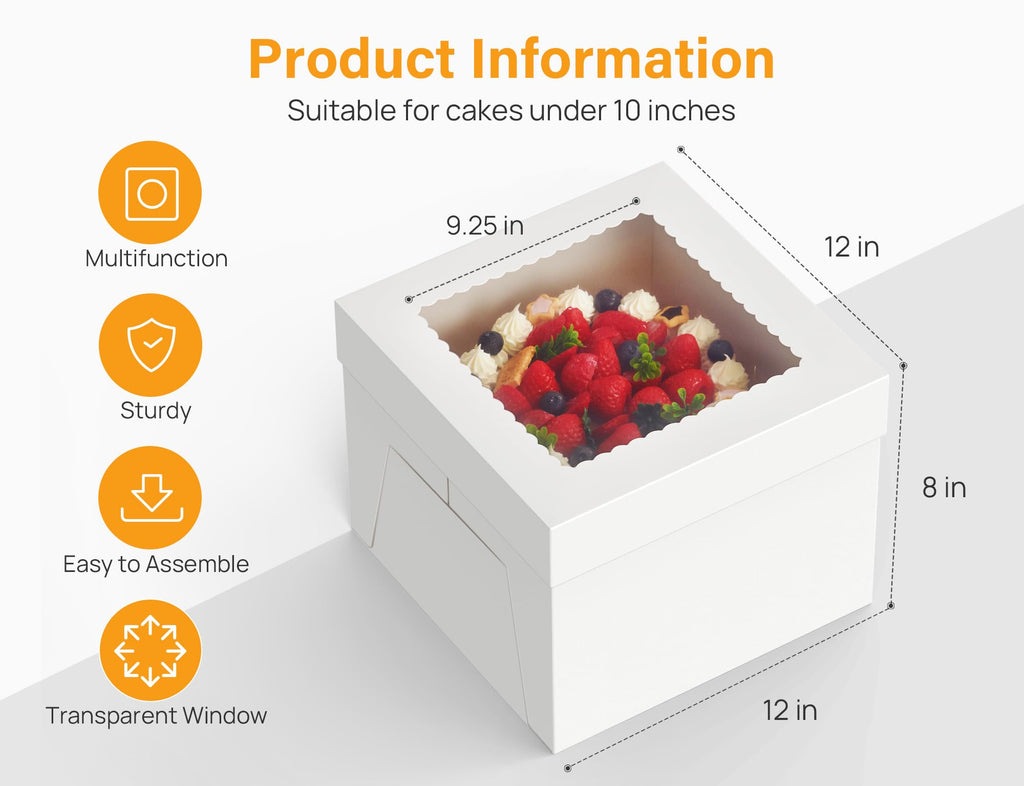 Kootek 15pcs Cake Boxes, 12x12x8 Inches Tall Cake Box with Window, White Bakery Boxes, Large Baking Boxes, Square Cardboard Cake Box for Multi-Layer Cakes, Cake Decorating Supplies for Gift Giving