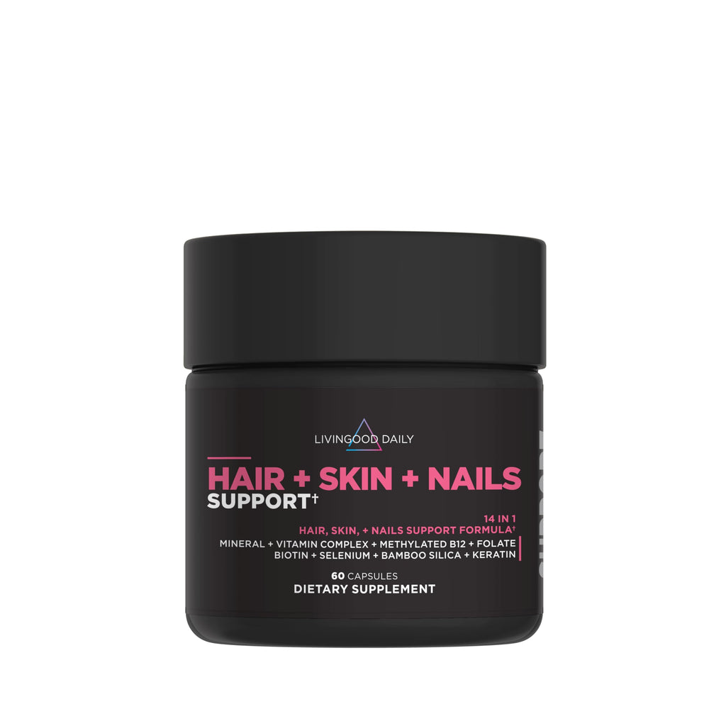 Livingood Daily Hair, Skin & Nails Supplement, 14-in-1 Formula with Biotin, Collagen, Keratin, Bamboo, Selenium, Folate, B12, Zinc and More, Beauty Supplement for Women & Men, Gluten Free, 60 Capsules