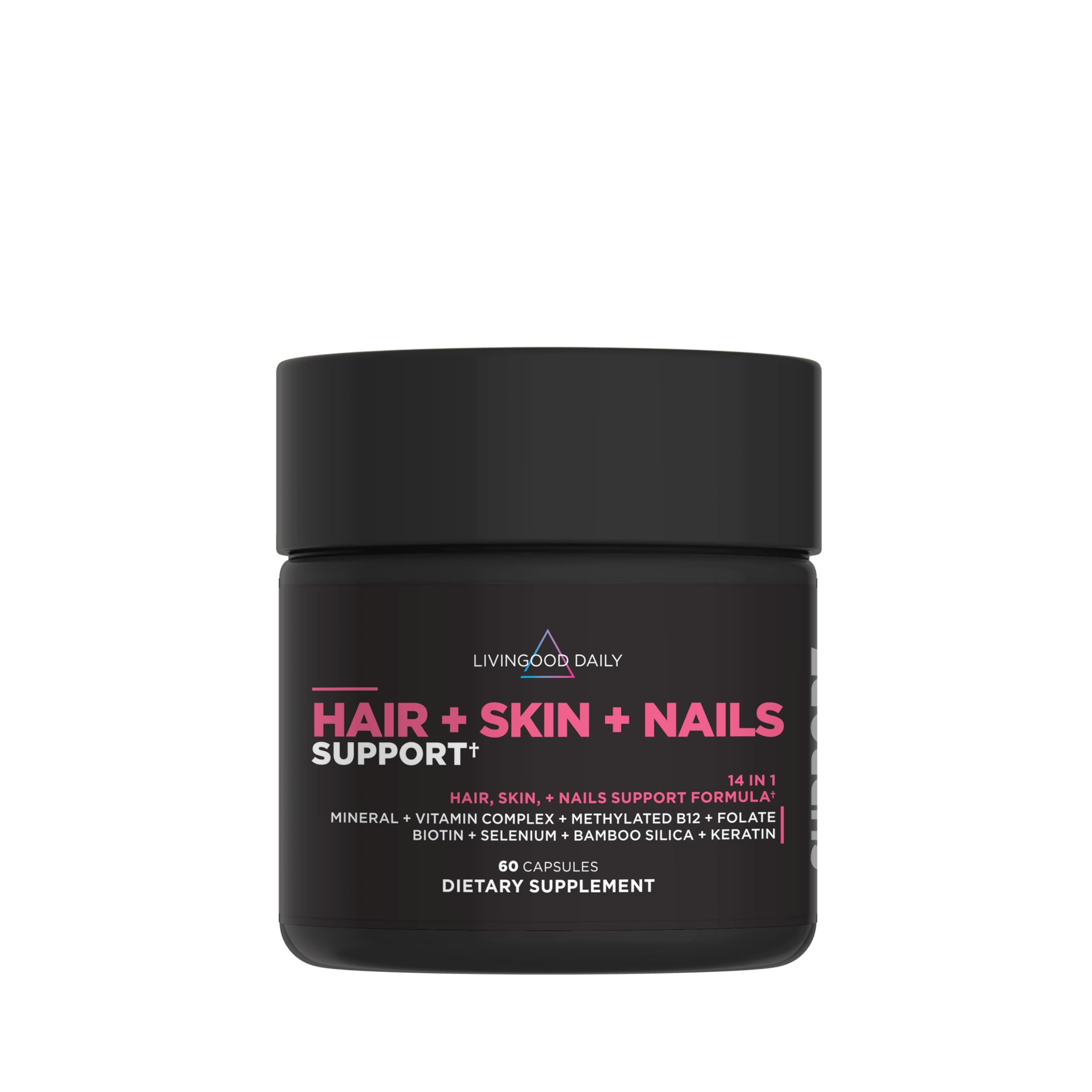 Livingood Daily Hair, Skin & Nails Supplement, 14-in-1 Formula with Biotin, Collagen, Keratin, Bamboo, Selenium, Folate, B12, Zinc and More, Beauty Supplement for Women & Men, Gluten Free, 60 Capsules