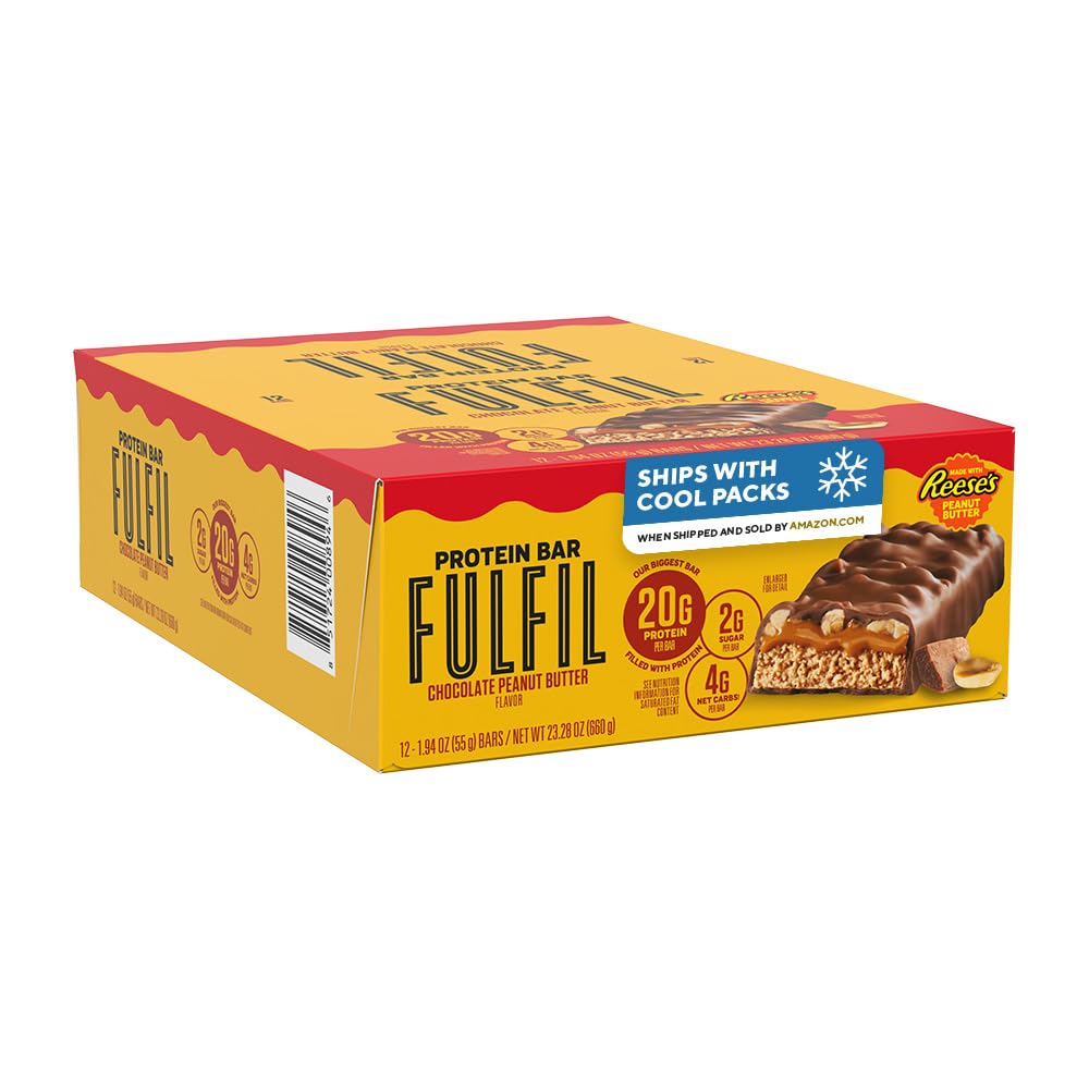 FULFIL Chocolate Peanut Butter Flavored Protein Bar Made with REESE's Peanut Butter, Gluten Free with 20g Protein, Pantry Staples, 12 Count