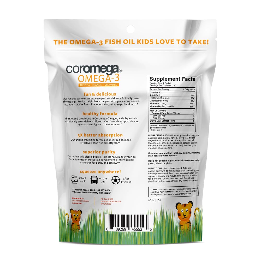 Coromega Kids Omega 3 Fish Oil Supplement, 650mg of Omega-3s, Tropical Orange + Vitamin D, 120 Single Serve Squeeze Packets