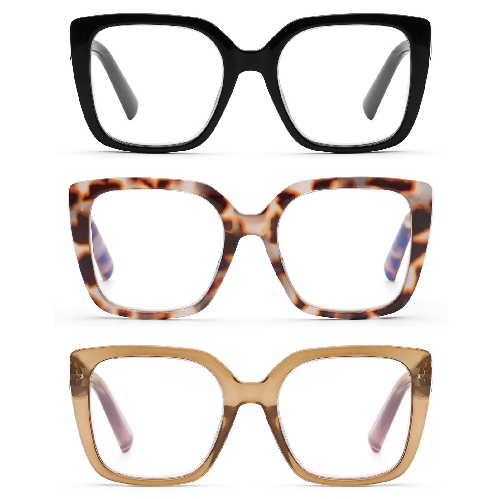 DOOViC 3 Pack Oversized Reading Glasses for Women Blue Light Blocking Square Stylish Computer Readers +1.75 Strength