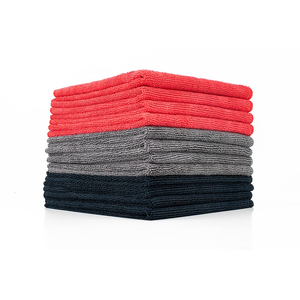 The Rag Company - All-Purpose Microfiber Terry Cleaning Towels - Commercial Grade, Highly Absorbent, Lint-Free, Streak-Free, Kitchens, Bathrooms, 300gsm, 16in x 16in, Red + Grey + Black (12-Pack)