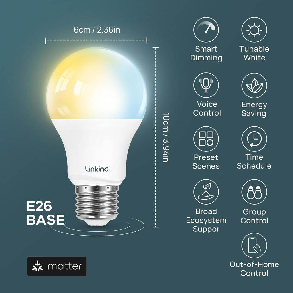 Linkind Matter Smart Light Bulbs, Work with Apple Home, Alexa, Google Home