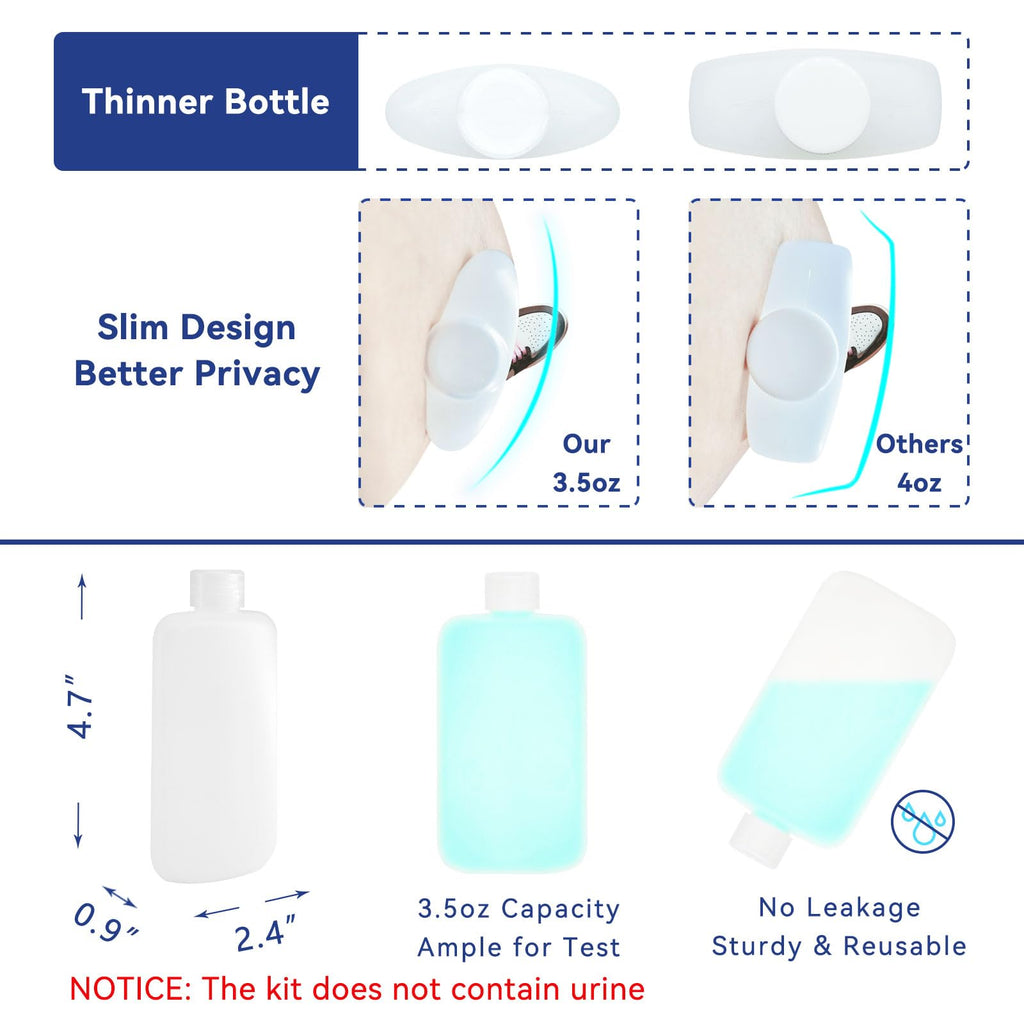 Complete Urine Test Kit - 3.5 oz Translucent Smaller Bottle, Hidden Non-Falling Leg Strap, High Elasticity, Urine Test Thermometer Label and Bag