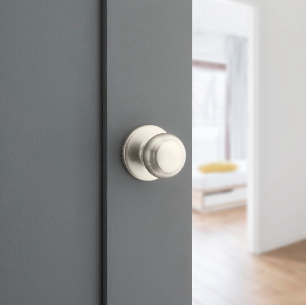 Kwikset Cove Interior Passage Door Knob, Handle For Closet and Hallway Doors, Non-Locking Doorknob in Satin Nickel, with Microban Protection