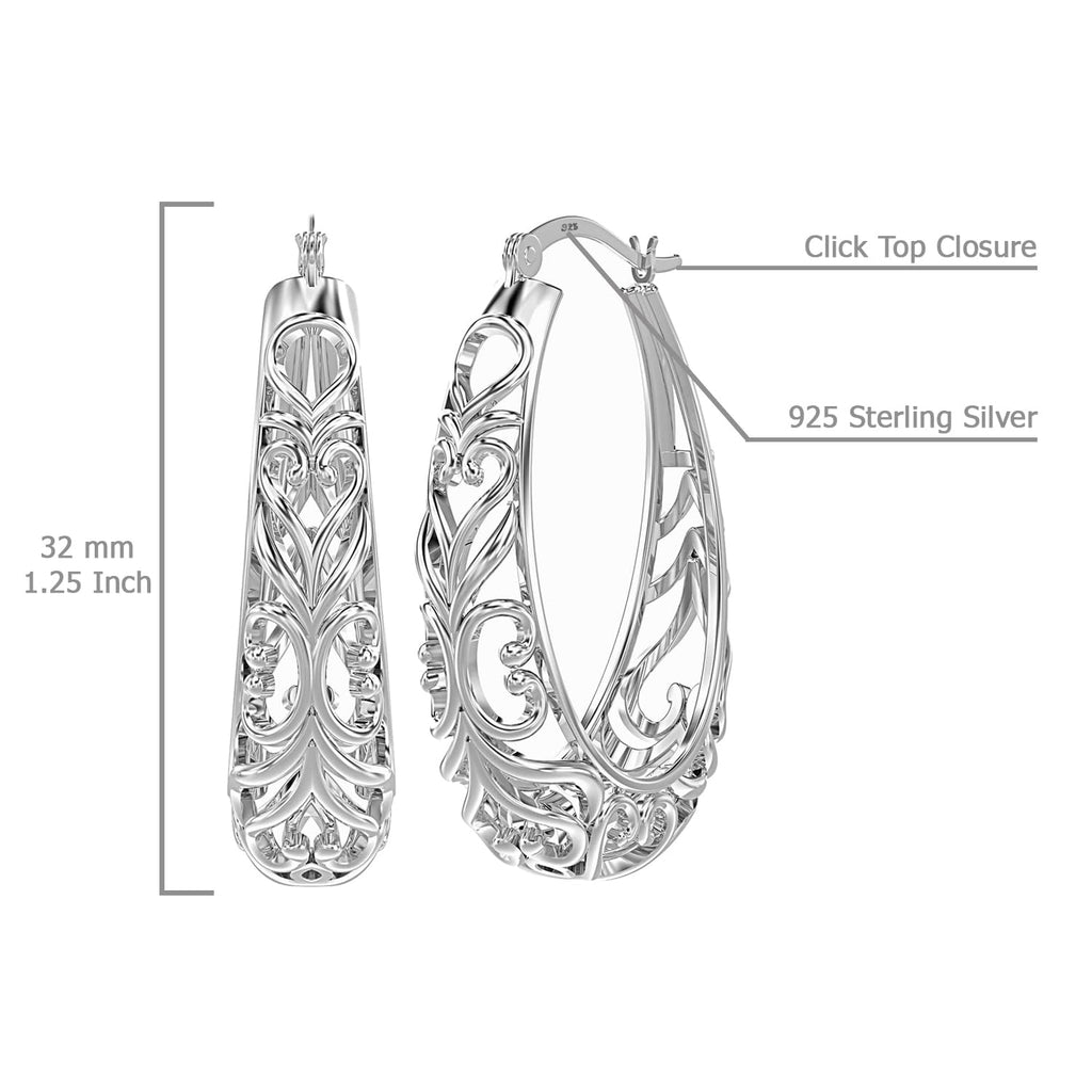 LeCalla Sterling Silver Earring Hoops for Women | Filigree Earrings | 925 Silver Hoop Earrings | Women's Filigree Hoop Earrings | 925 Silver Italian Hoops Earring | Medium Oval Hoop for Women - 32mm