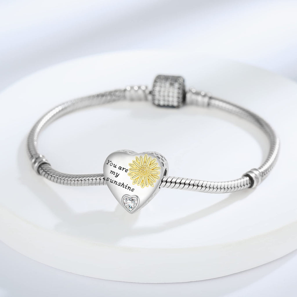 925 Sterling Silver Sunflower Charms Fit Pandora Charms Bracelet Forever In My Heart Fit Wife Mother's Day Christmas Birthday Gift