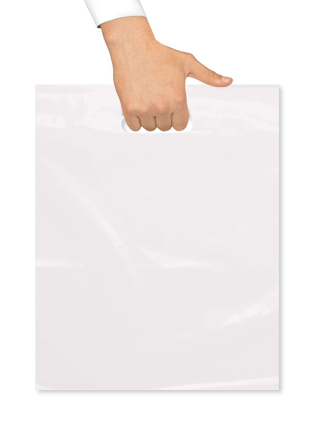 Purple Q Crafts Plastic Bag With Die Cut Handle Bag 12" x 15" White Plastic Merchandise Bags 200 Pack for Retail, Gifts, Trade Show and More