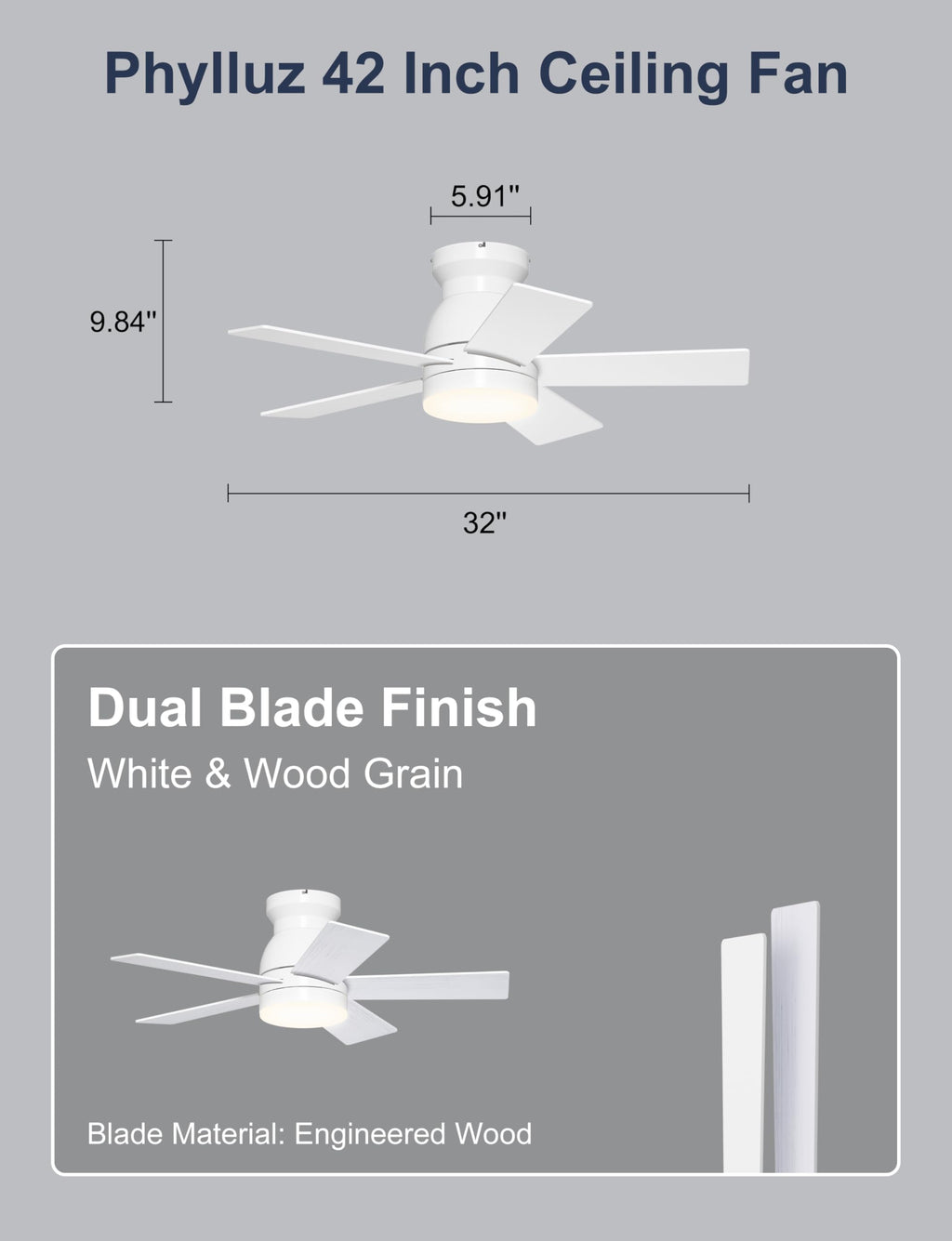 Phylluz 32'' Small Ceiling Fan with Light, Mini Low Profile Flush Mount Fan for Hallway & Closet, Quiet DC Motor, Modern Tiny Space Ceiling Fan with App/Remote Control, White
