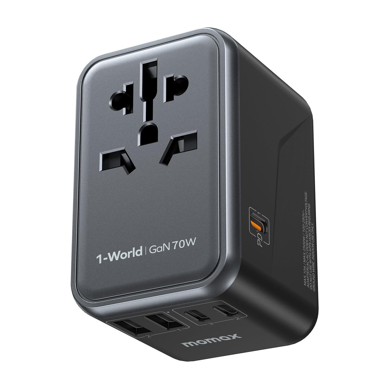 MOMAX Universal Travel Adapter 70W GaN, 3 USB-C PD & 2 USB-A QC, International Power Adapter Outlet, 6-in-1 Wall Charger for Laptop, Phone, European Travel Plug Adapter for UK/US/AUS/JP