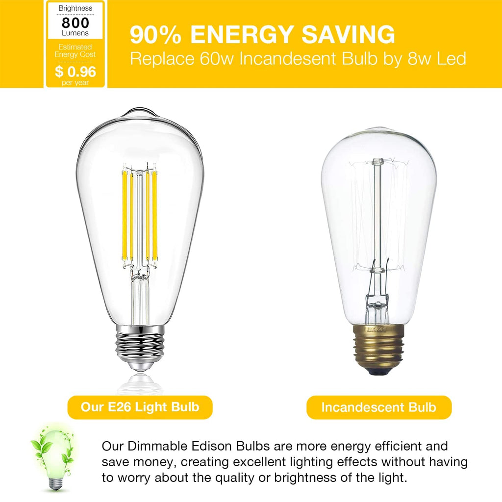 DAYBETTER 12 Pack Vintage LED Edison Bulbs, E26 Led Bulb 60W Equivalent, Dimmable Led Light Bulbs, High Brightness 800 LM Warm White 2700K, ST58 Antique Filament Bulbs, Clear Glass Style for Home