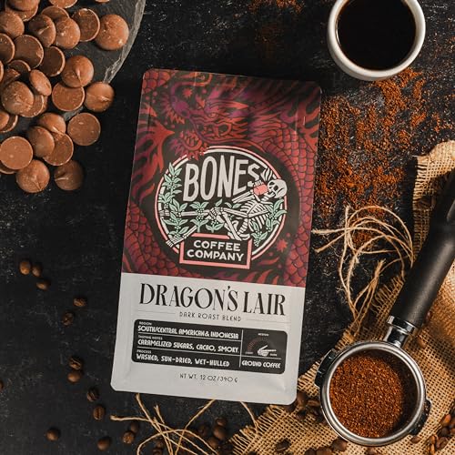 Bones Coffee Company Dragon's Lair Flavored Coffee Beans, Dark Roast Ground Coffee Low Acid (12 oz)