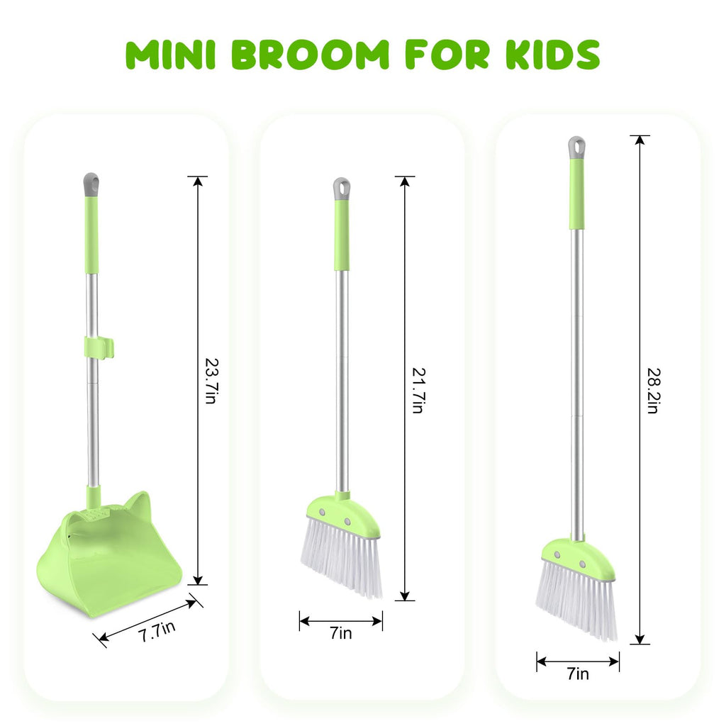 Mini Broom with Dustpan for Kids, 28-in Handle Kids Broom and Dustpan Set for Toddlers Cat-Shaped Children Broom and Cleaning Set Boys Girls Small Housekeeping Helper Set, Green