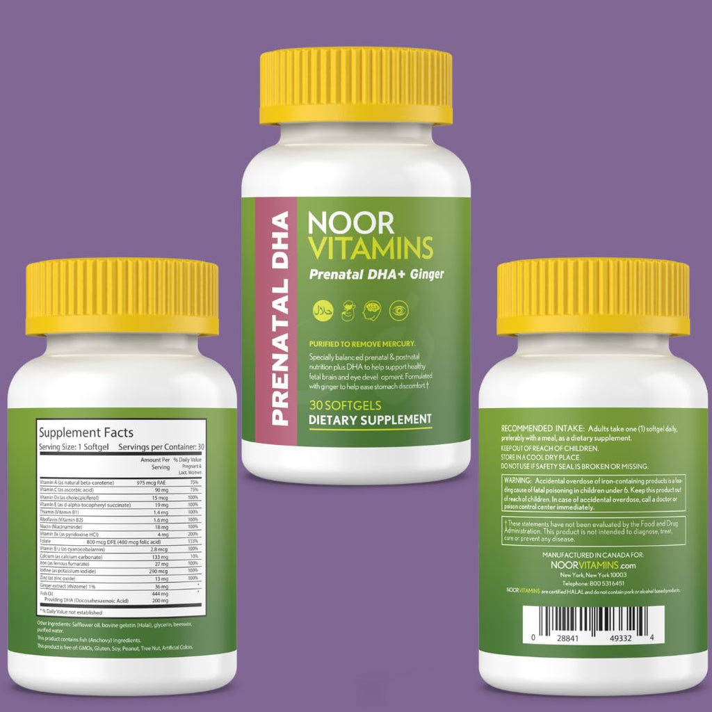 Noor Vitamins Halal Prenatal Vitamins with DHA and Folic Acid, Essential Vitamins, Ginger to Soothe Mom's Stomach, Iron, Softgels, Prenatal Vitamin Before/During/Post Pregnancy (1 Month Supply)