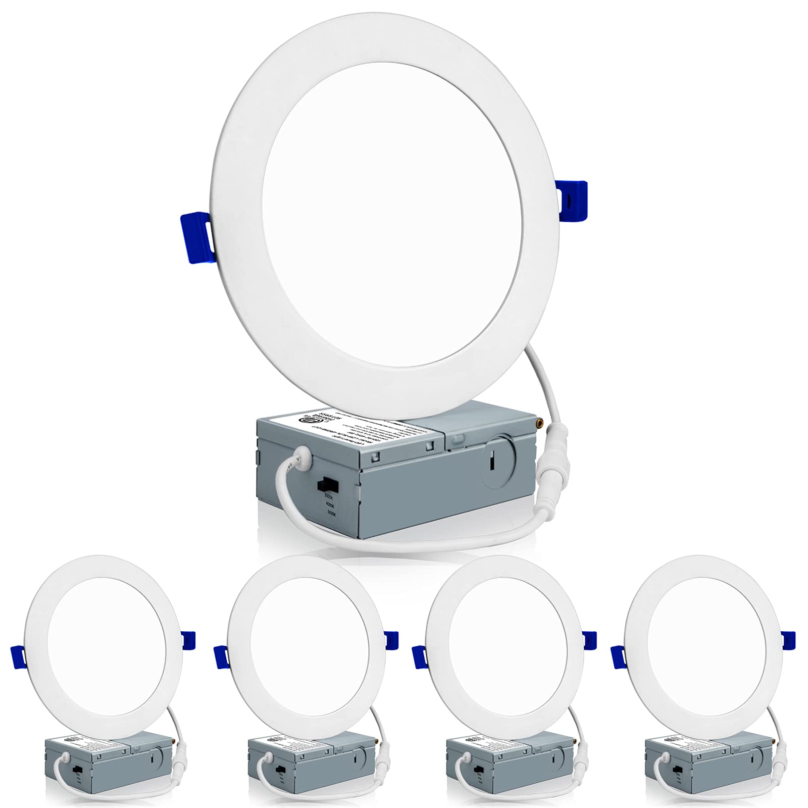 Meconard 4 Pack 6 Inch Ultra-Thin LED Recessed Ceiling Light, 3000K/4000K/5000K Selectable, Dimmable 12W=110W, 1050LM, IC Rated Can-Killer Downlights with Junction Box, ETL and Energy Star Listed