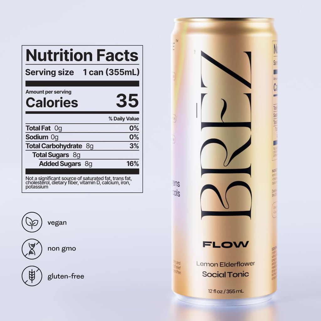 BRĒZ FLOW Lion’s Mane Mushroom Drink 12 Pack, Lemon Elderflower, Supports Mood & Focus, Non-Alcoholic Sparkling Adaptogen Drink, Functional Mushrooms, Feel Clear, Calm & Refreshed- 12 Fl oz Cans