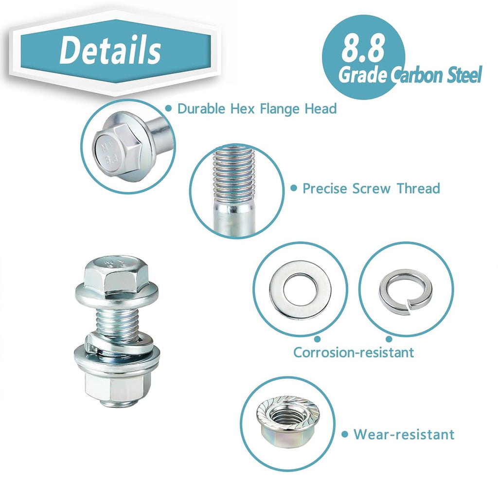 260Pcs Flange Hex Bolts and Nuts Kit,M8 x1.25 (M6 x1.0 M10-1.25 Available) (16mm to 40mm) Metric Bolt Assortment,Alloy Steel Class 8.8 Zinc Plated
