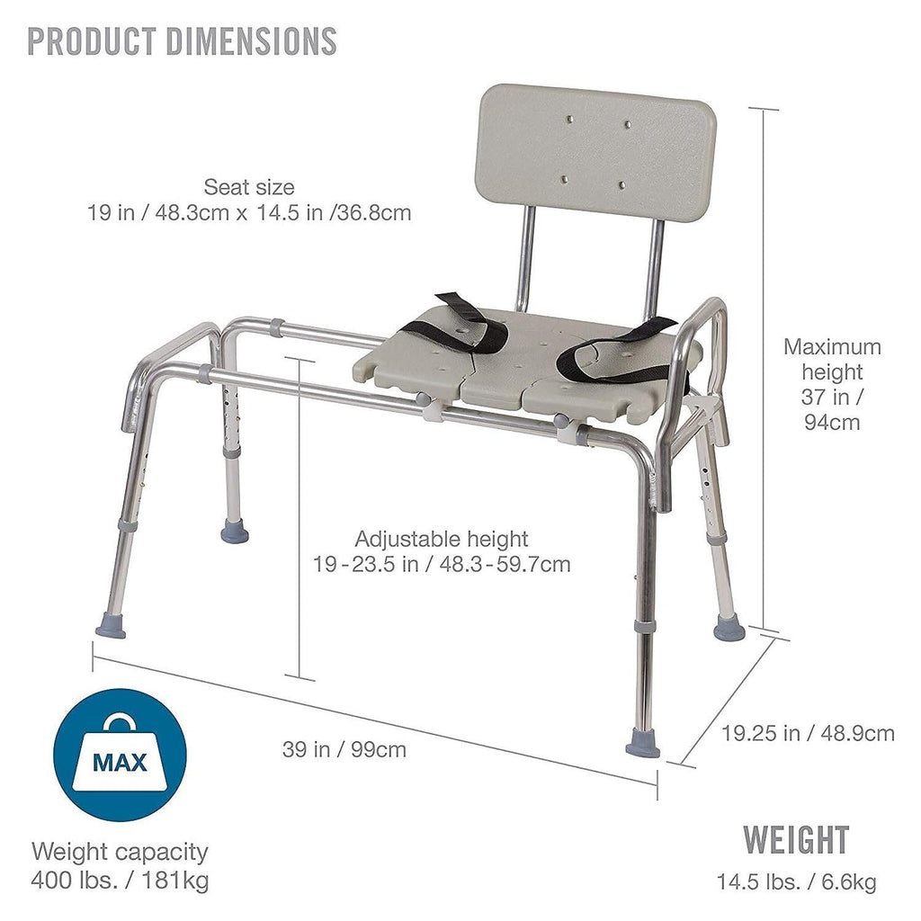 DMI Tub Transfer Bench and Shower Chair with Non Slip Aluminum Body, FSA Eligible, Adjustable Seat Height and Cut Out Access, Holds Weight up to 400 Lbs, Bath and Shower Safety, Transfer Bench